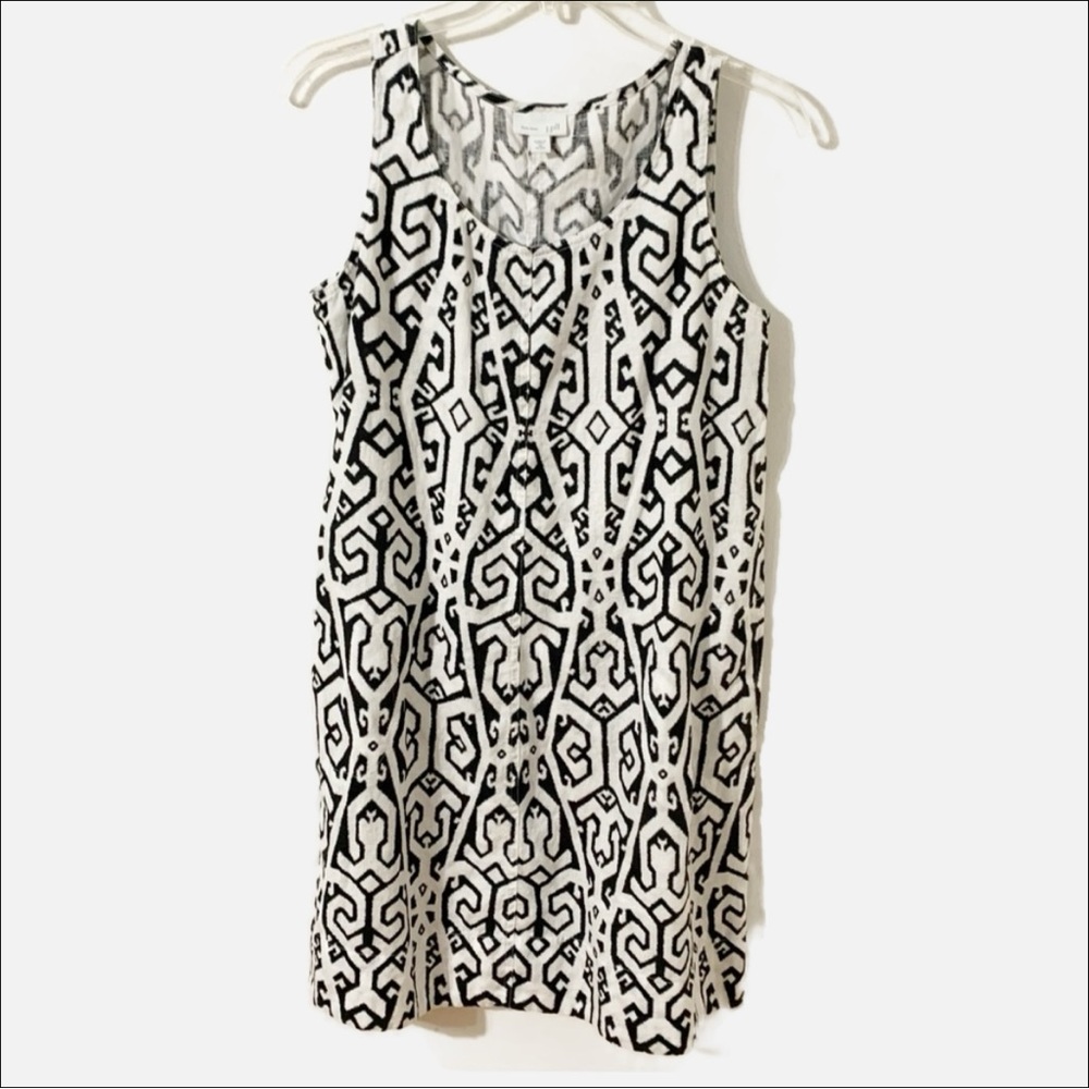 J Jill Sleeveless Linen Midi Length Scoop Neck Dress Geometric Pattern Pockets